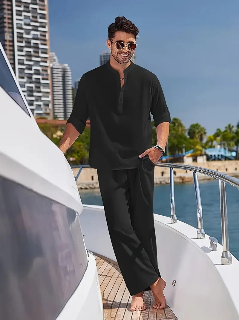 Men's White Linen Suit Set Long Sleeve Henley Shirt and Elastic Waist Pants Two Piece Outfit Summer Casual Comfortable
