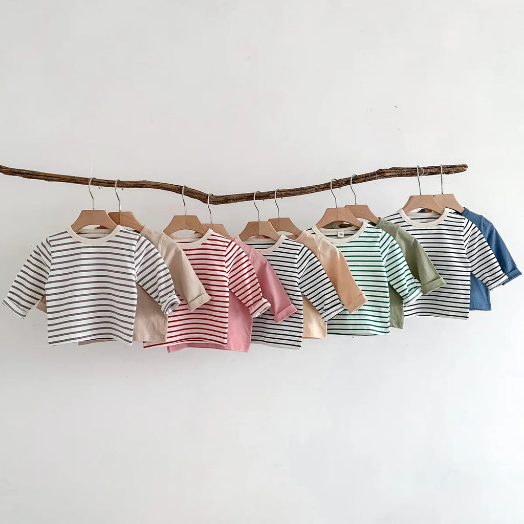Infant Clothes Toddler Boy Cotton Long Sleeves T-shirts Spring Autumn Outfits Girl Baby Solid Bottoming Shirt Kid Striped Tees