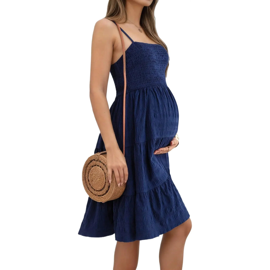 Pregnant Women's Navy Blue Square Neck Smocked Maternity Dress Tiered Ruffle Short Summer Casual Vacation Wedding Guest Dress