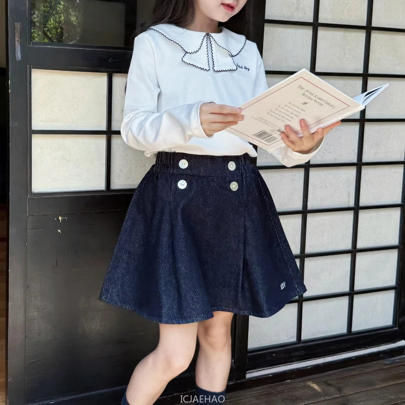 Teen Girl Clothes Waist Shell Button Denim Skirt and Top Kids Versatile Casual Outfits Children Costumes Vintage Girls Elastic