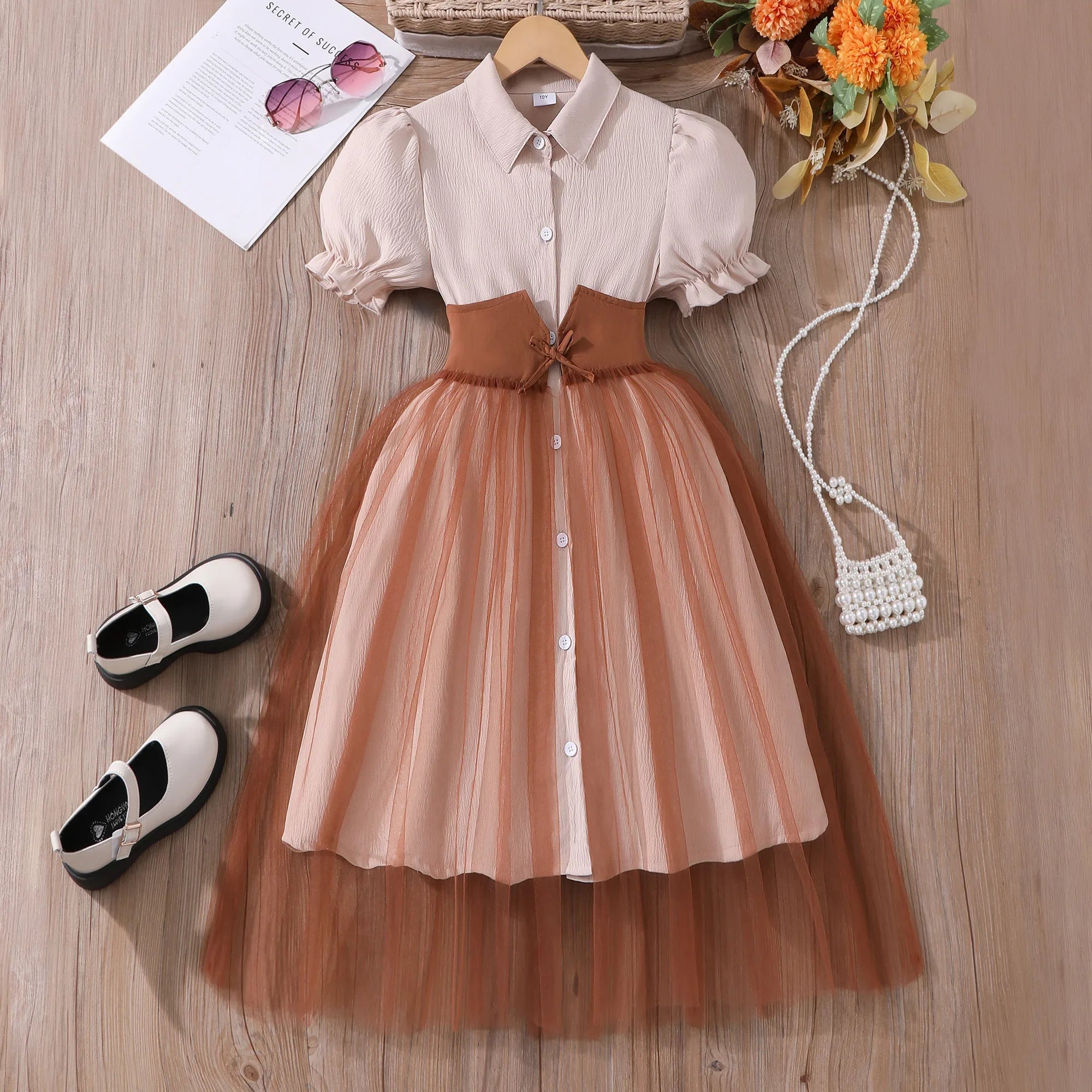 Teen Girl Dress Summer Brown Retro Short Sleeve Children Dresses Fashion Girl Costume Party Big KIds Outfit 7 8 9 10 11 12Yrs