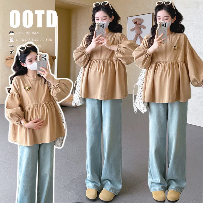 Maternity Blouse Spring Autumn Flower Round Neck Puff Long Sleeve Tops For Pregnant Women 2026 Loose Comfortable
