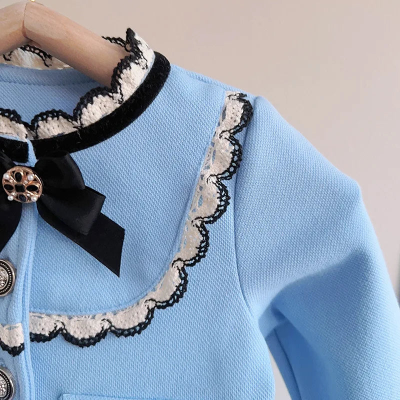 Girls Set 2024 Spring Autumn Girls Treasure Bow Two Piece Set Baby Coat Pants Blue Two Piece Set
