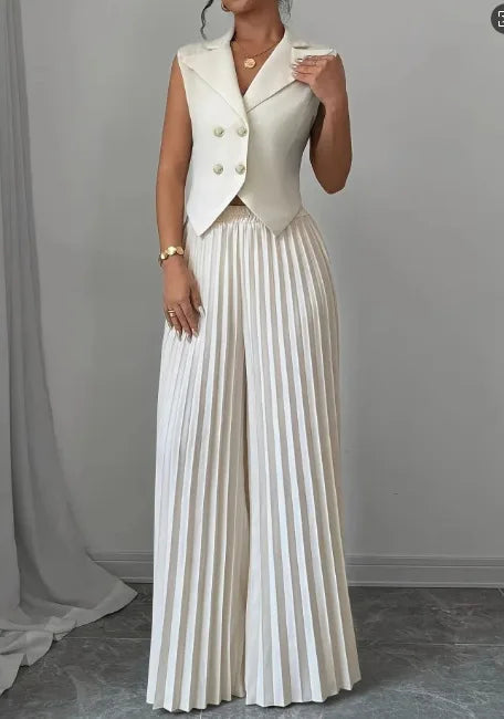 Elegant Formal Women Vest Trousers 2 Pieces Spring New Fashion Retro Wide-leg Pleated Pants Slimming Sleeveless Vest Female Set