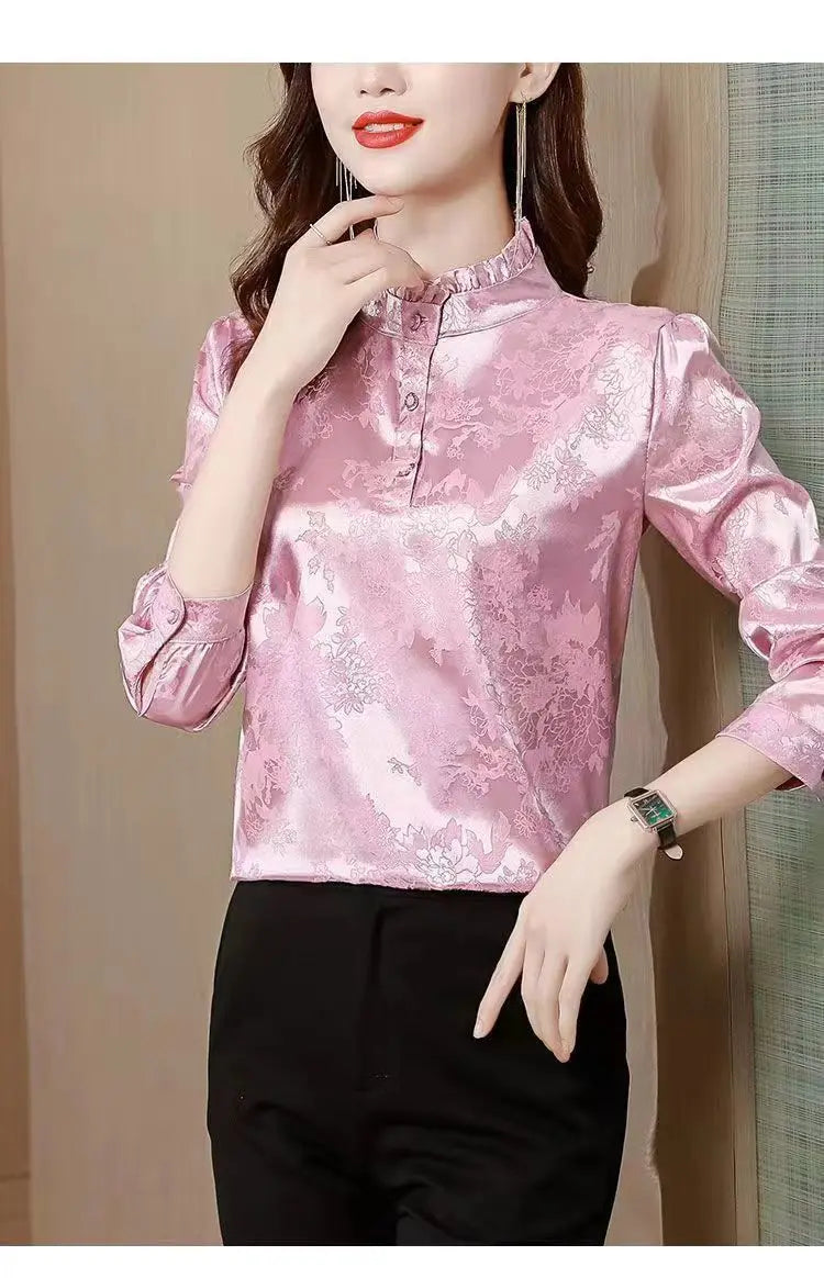 Premium Satin Blouse Women Spring Age-Reducing Print Loose Long Sleeve Top Fashion Elegant Collar Shirt