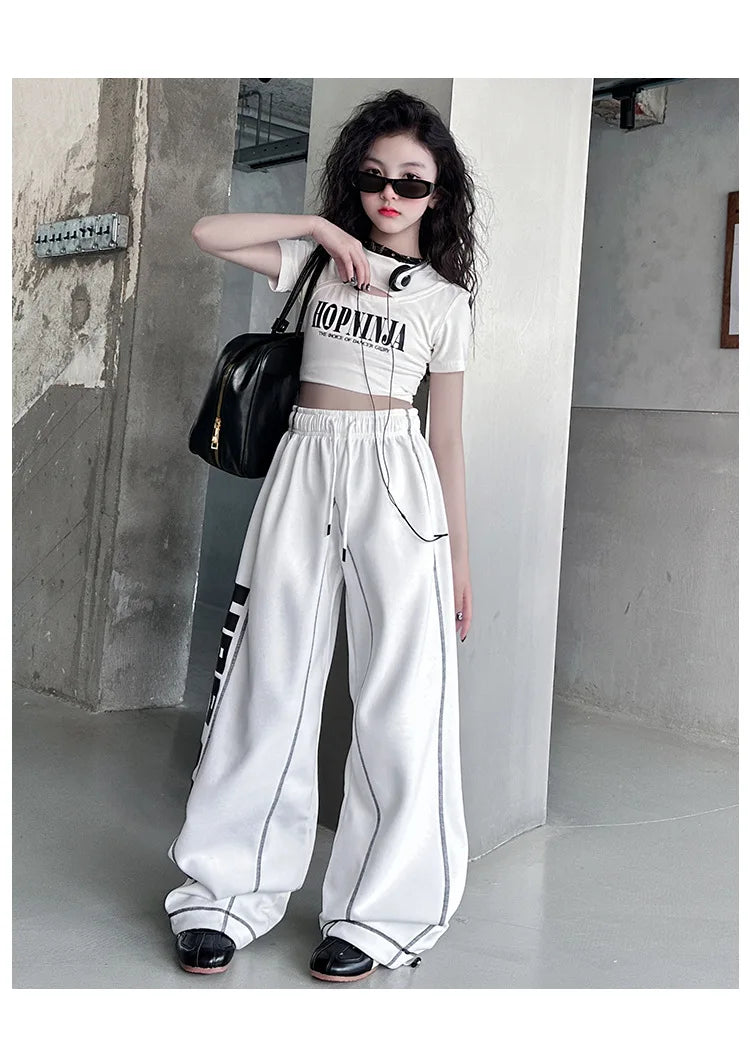 Summer teen girl Hip Hop Jazz Street Dance Costume Suit Cool Print Hollow Short T-shirt+Casual Sports Pants Set Child Outfits