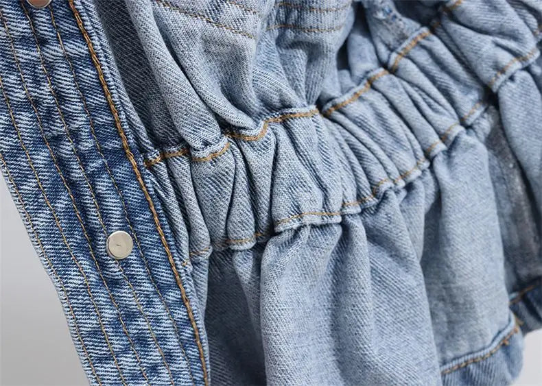 Jean Jacket V-neck Pleated Waist Slim Coat Women's Autumn Korean Fashion Personalized Irregular Shirt Loose Casual Denim Tops