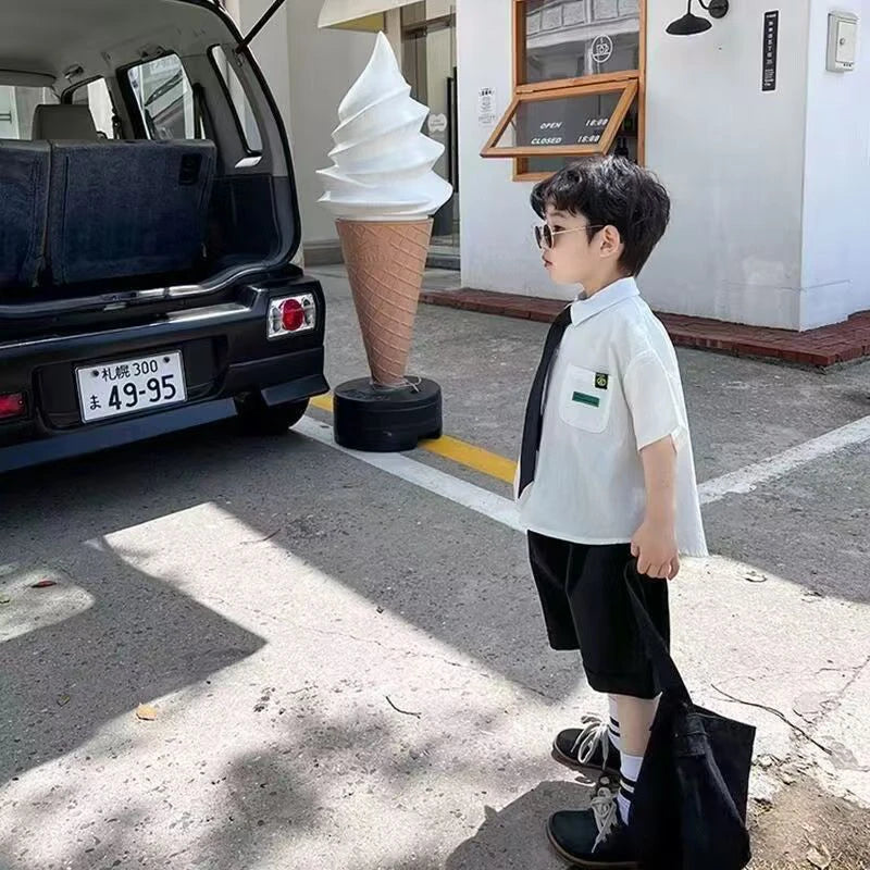 Boys Summer Formal Clothing Set 3PC Gentleman Outfit Short Sleeve Shirt Shorts with Tie for Toddler Kids Party School Daily Wear