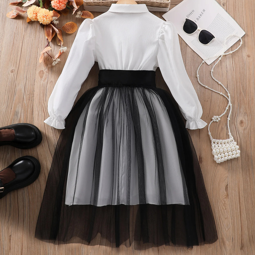 Teen Girls Long Sleeve Dress Waist Seal Net Mesh Patchwork Lapel Casual Dress For 8 9 10 11 12 Years Girls Daily Wear