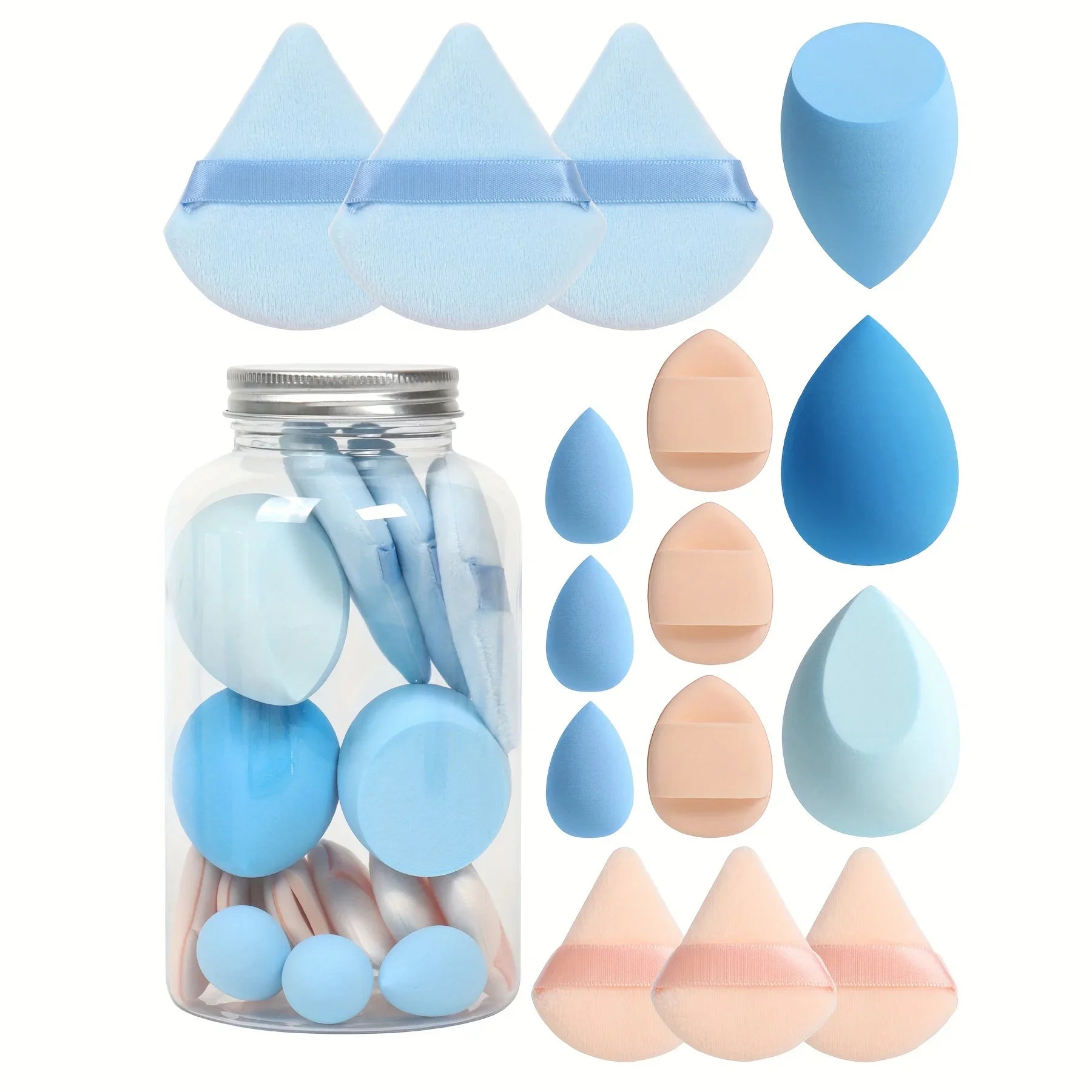 15Pcs Premium Powder Puffs with Storage Jar - Makeup Blending Sponges Set for Face Foundation & Loose Powder Kit