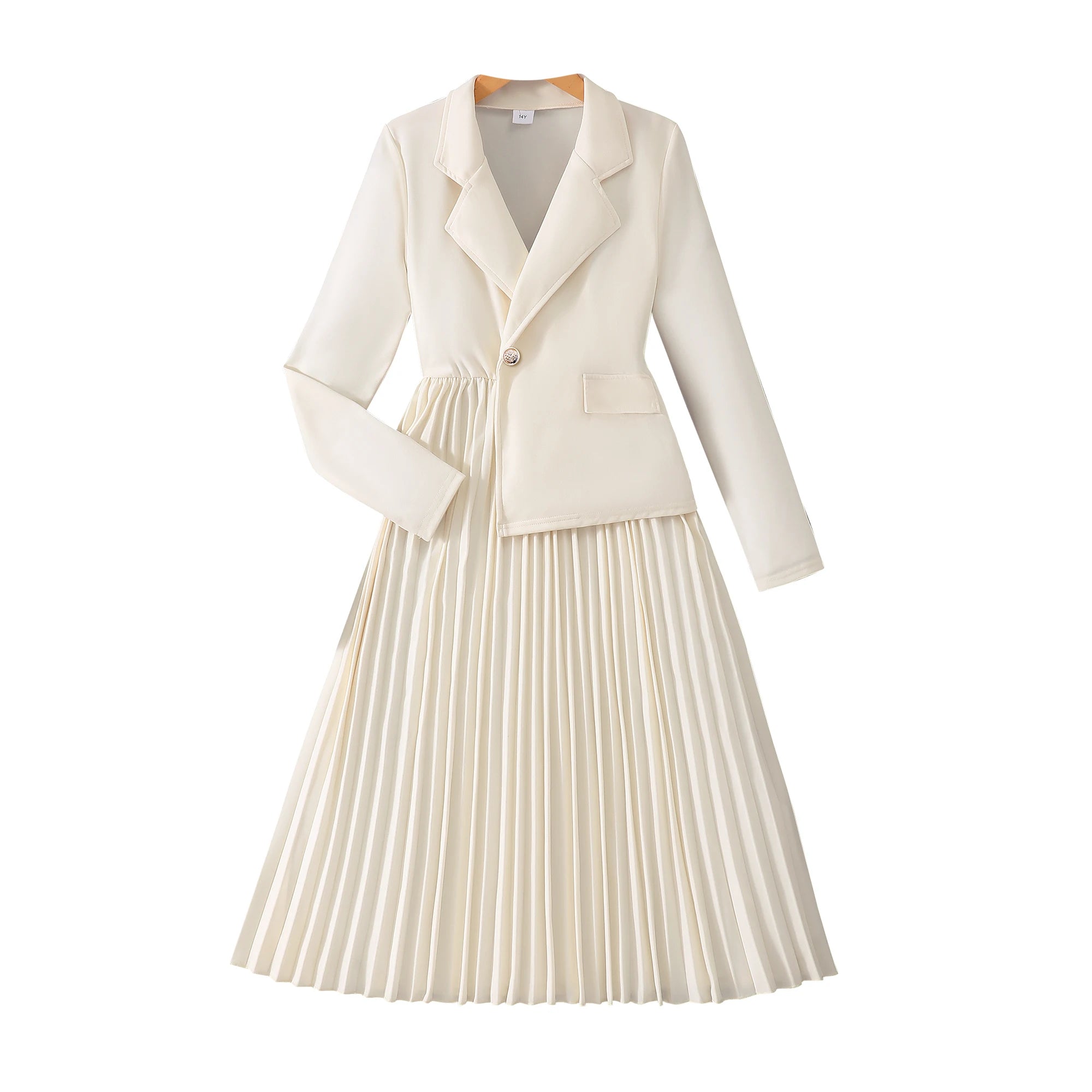 Teen Girls' 13-16Y Blazer Dress - Classic Cream Color, Asymmetrical Hem, Romantic & Elegant, Ideal for Formal Occasions, Stylish