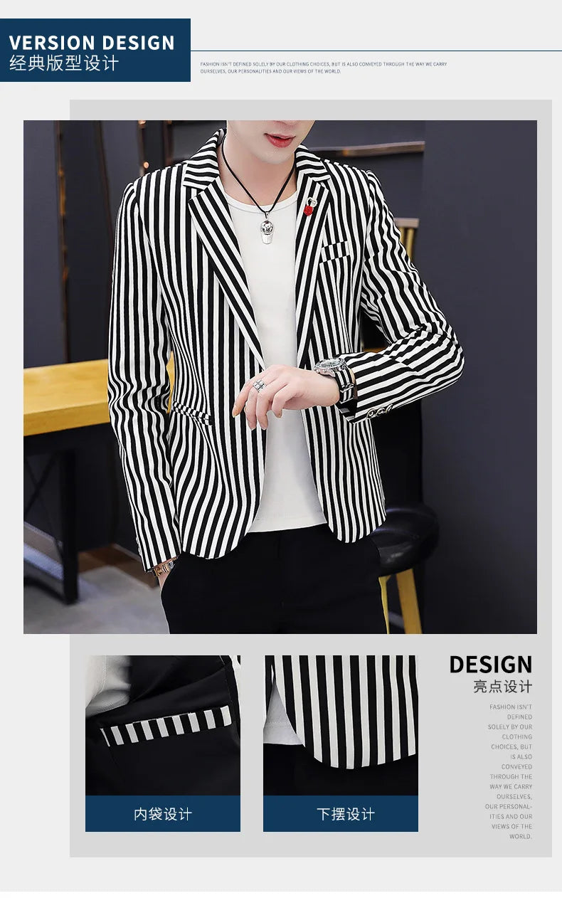 Mens Blazer Jacket 2022 New Suit Male Casual Korean Style Trendy Slim Striped Student Small Suit Jacket Hair Stylist Single Top