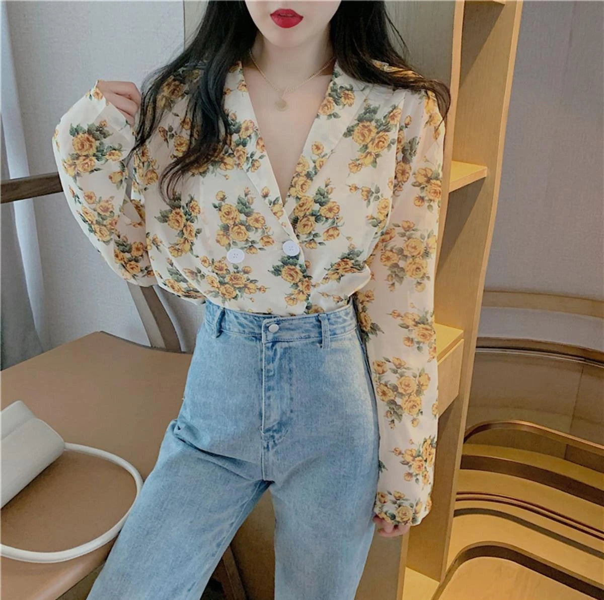 Women's Shirts And Blouses Button Up Top For Woman With Bow Clothing Floral Loose Sleeves Y2k Elegant Youth Xxl Stylish M