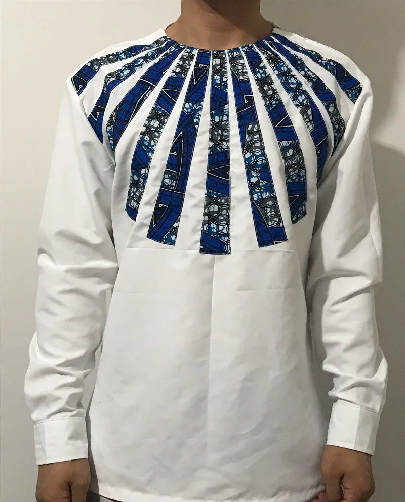 Nigerian Fashion White Men's Shirts O-Neck Modern Design Sector Patchwork Tops Customized African Wedding Party Wear