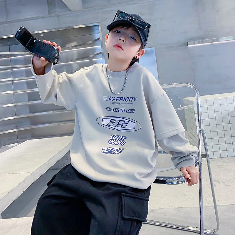 Teenage Kids Tshirts New Spring Fall Clothes Fashion Letter Fake Two Piece Sleeve Costume T-shirt Child Cotton Boy Tees Tops