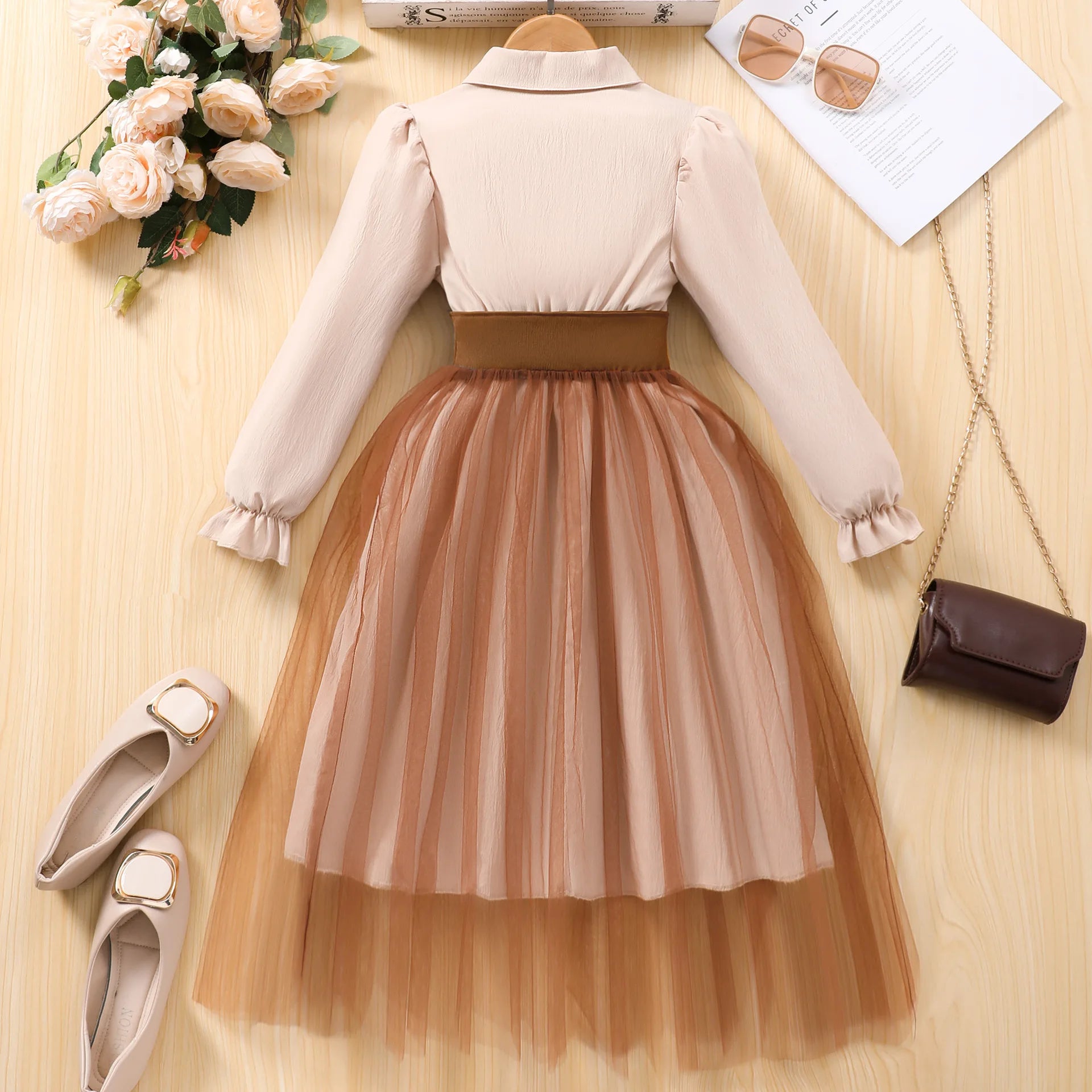 Teen Girls Long Sleeve Dress Waist Seal Net Mesh Patchwork Lapel Casual Dress For 8 9 10 11 12 Years Girls Daily Wear