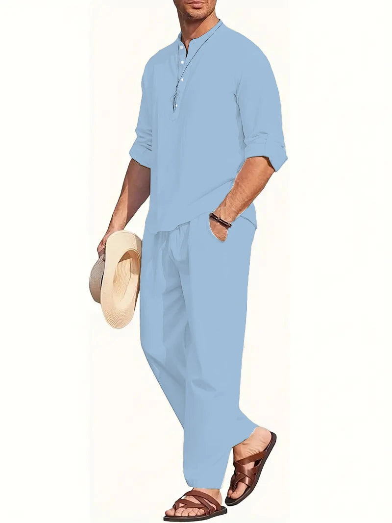 Men's White Linen Suit Set Long Sleeve Henley Shirt and Elastic Waist Pants Two Piece Outfit Summer Casual Comfortable