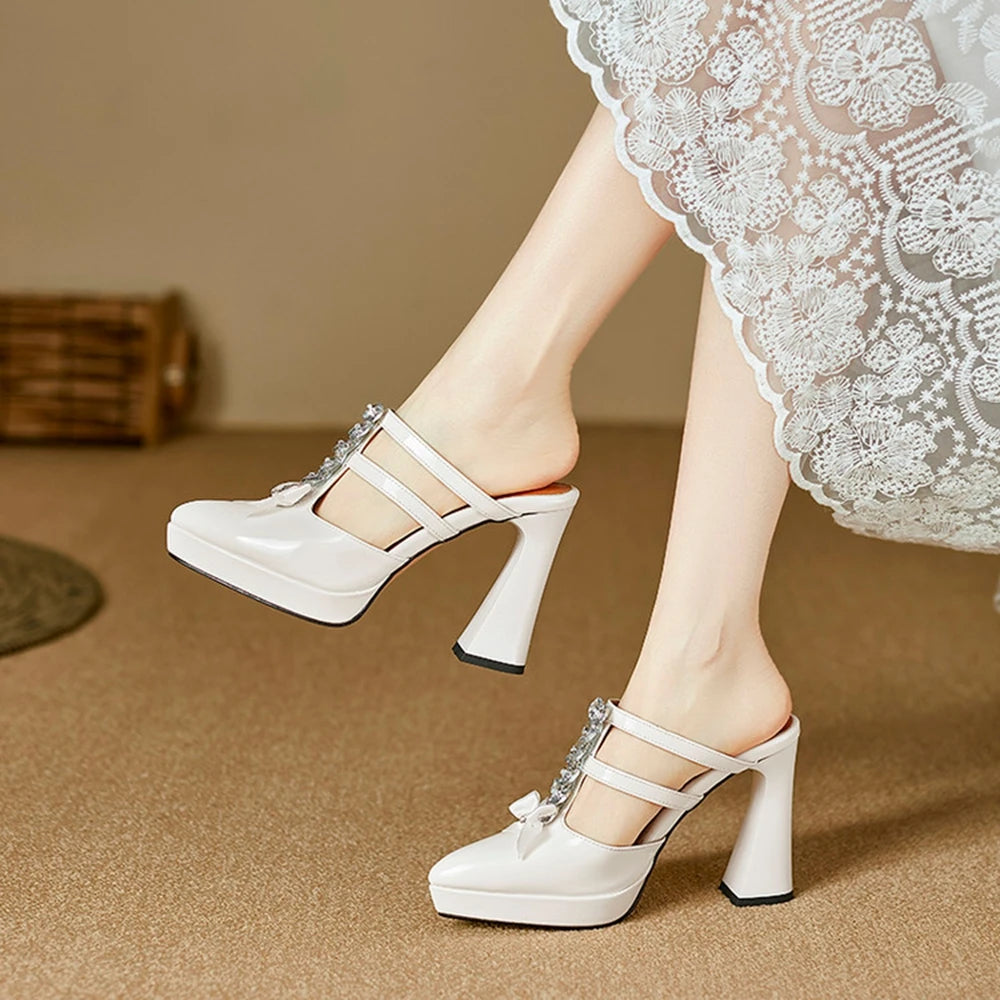 Thick High Heels Sandals Women Genuine Leather Fashion Rhinestone Bow Pointed Dress Wedding Party Dress Pumps Shoes 898-222