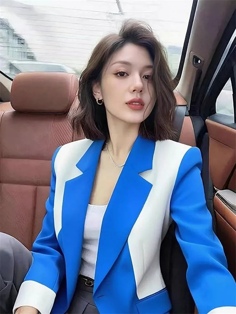 Women's suit jacket Blazer professional suit 2026 spring autumn good-looking design sense blue white contrasting suit coat top