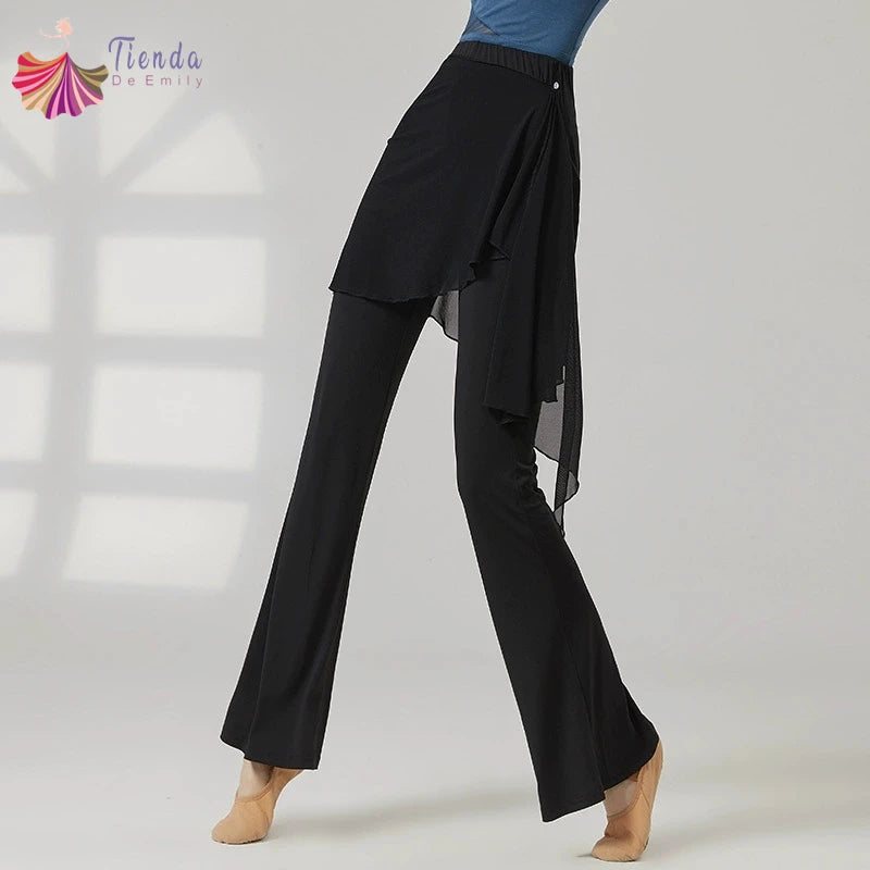 Modern Dance Pant Women Long Microflared Latin Trousers Mesh Wrap Skirt Classical Practice Costume Stage Line Dancewear Female