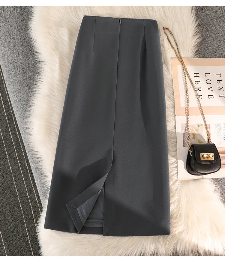 Elegant Office Ladies Work Suit Straight Skirt Women Autumn Winter Korean Fashion High Waist Split Business Midi Long Skirts
