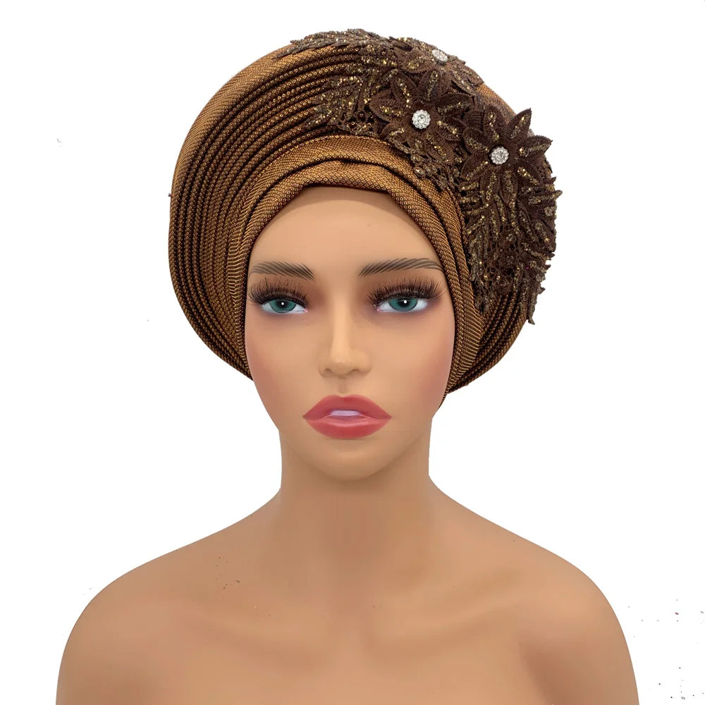 Elegant African Autogele Women's Turban Cap Nigeria Wedding Gele Ready to Wear Headtie with Embroidery Lace Party Headwear