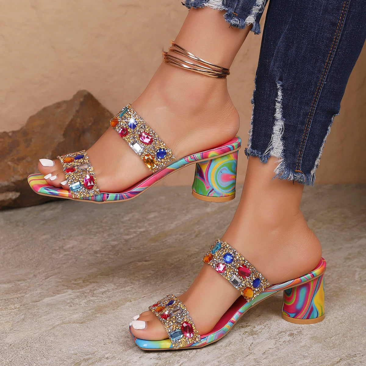 Women Sandals Luxury Summer High Heels Sandals 2025 Brand Design Colorful Gem Heeled Party Shoes Woman Plus Size Sandalias Mujer