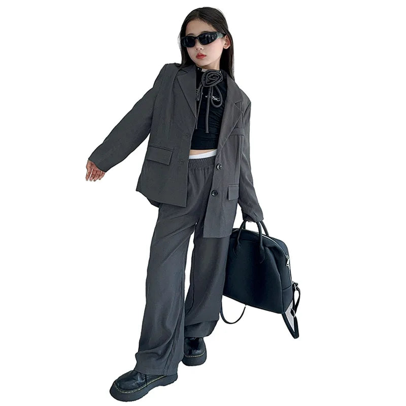 8 10 12 14 teenage Girl suit set Blazer+Wide leg pants 2pcs junior kid clothes suits children clothing girls outfit sets Costume