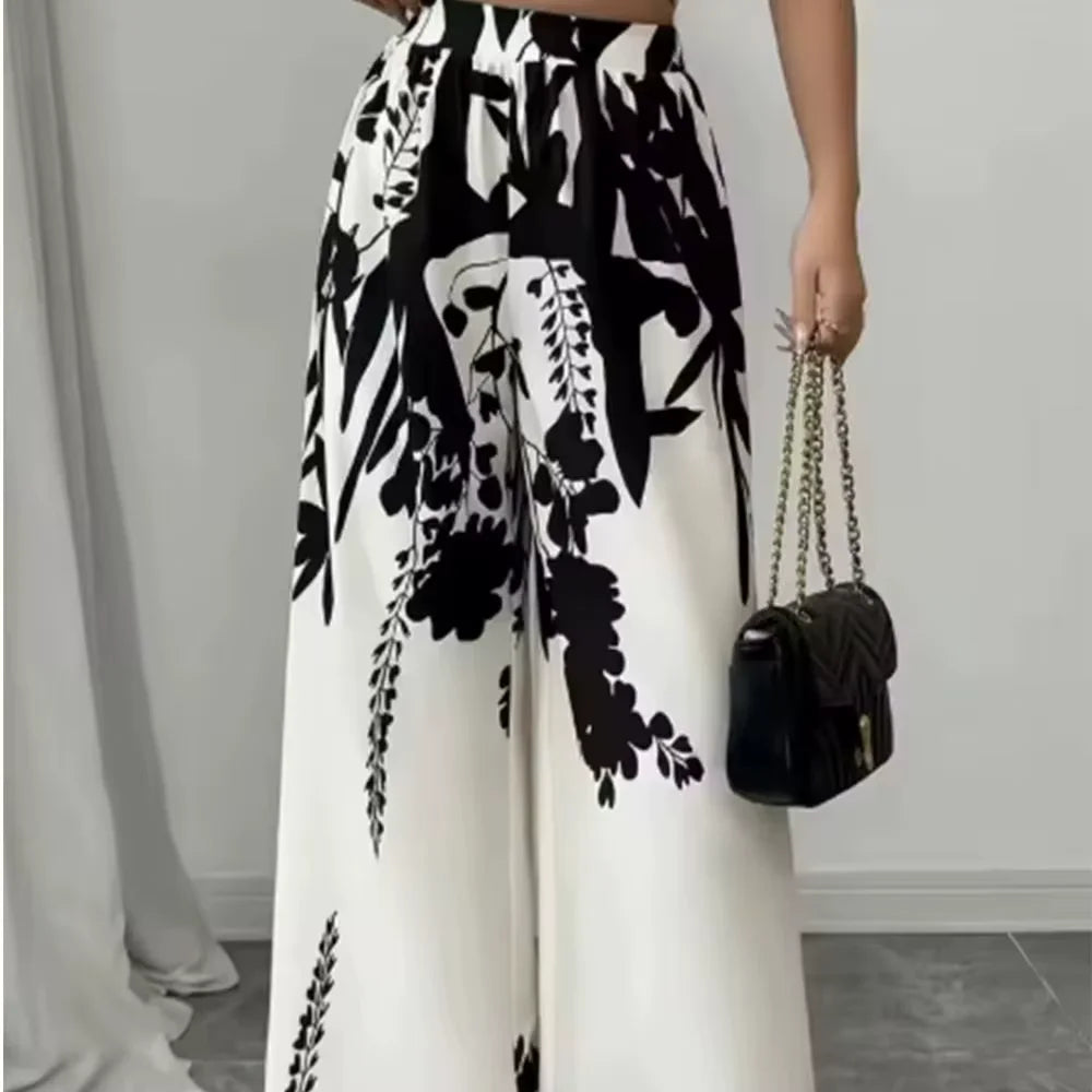 Women's Trousers Fashionable High Street Black And White Flower High Waist Casual Wide Leg Pants 2026 Spring Summer New Style