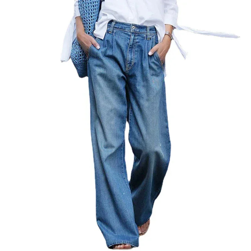 Chic Whitish Blue Women Straight Jeans Korean Casual Wide Leg Trousers Female 2023 Elegant Commuter Loose High Waist Denim Pants