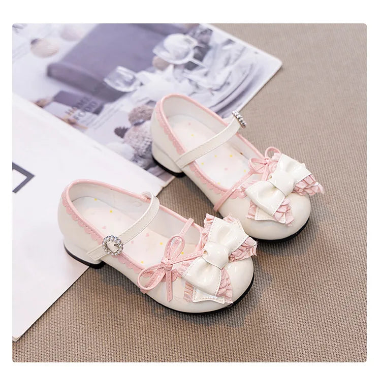 Girl Princess Shoes Spring 2026 New Bow French Heels Leather Shoe Sweet Lolita Party Dress Shoes Children's Mary Jane Size 26-36