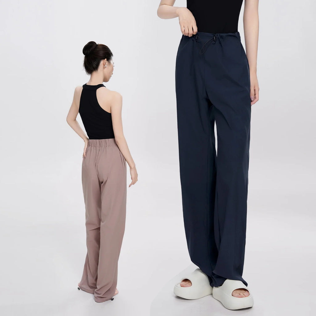 Women Adjustable High Waist Nylon Perspiration Casual Trousers with Pockets Female Athletic Dance Straight-leg Tracksuit Pants