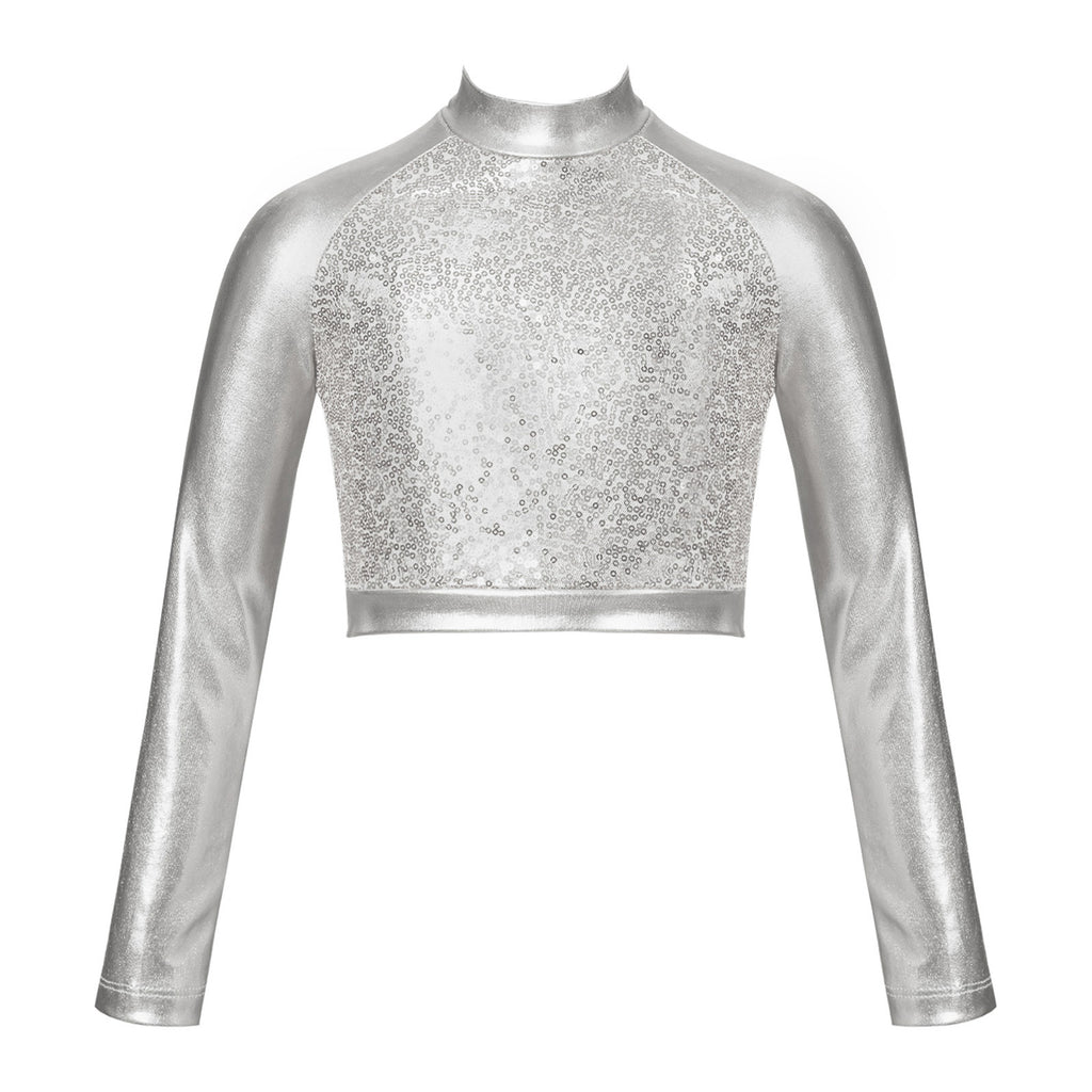 Kids Girls Shiny Metallic Crop Top Mock Neck Long Sleeve Front Sequin Fully Lined Athletic T-Shirts Jazz Hip-hop Dance Tops