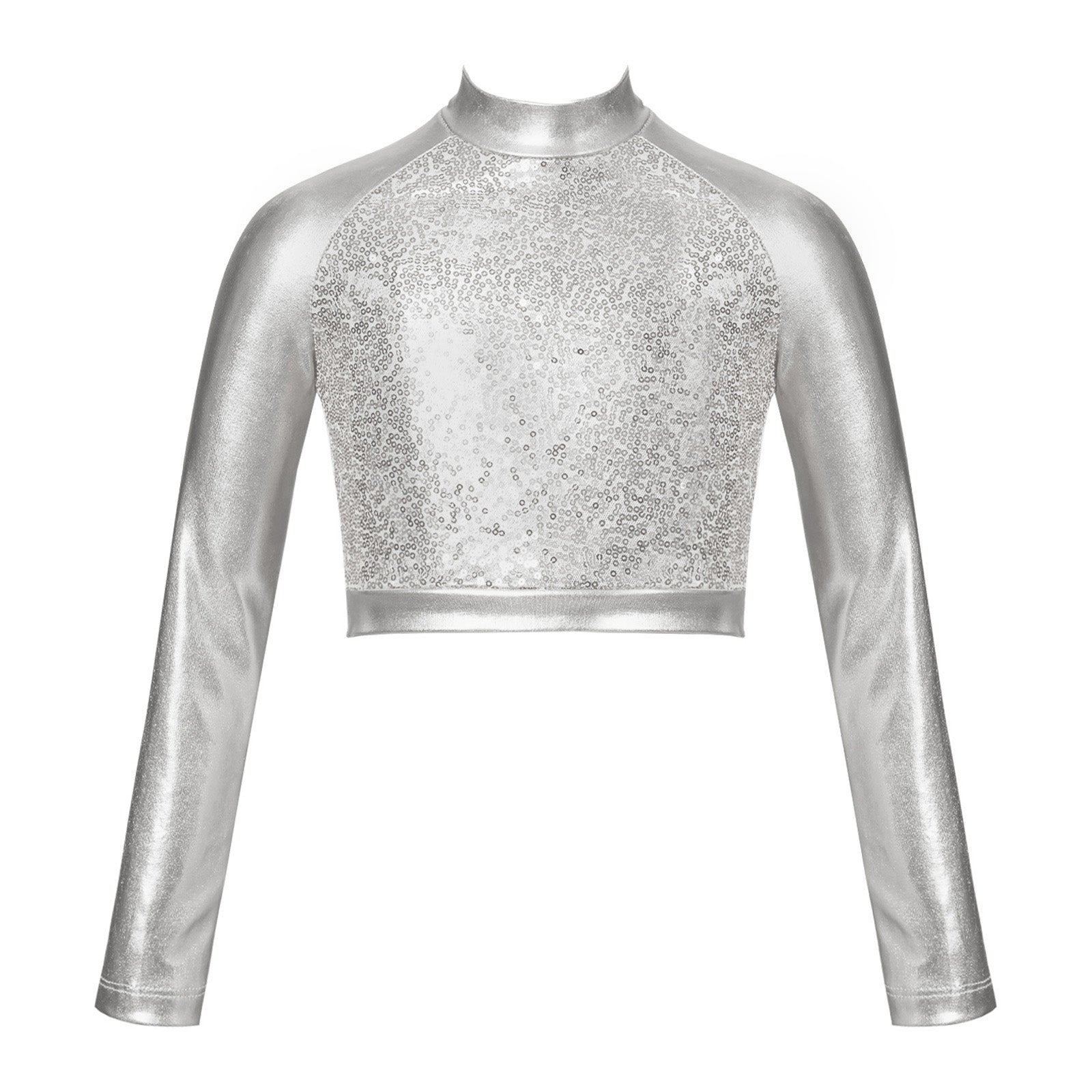 Kids Girls Shiny Metallic Crop Top Mock Neck Long Sleeve Front Sequin Fully Lined Athletic T-Shirts Jazz Hip-hop Dance Tops