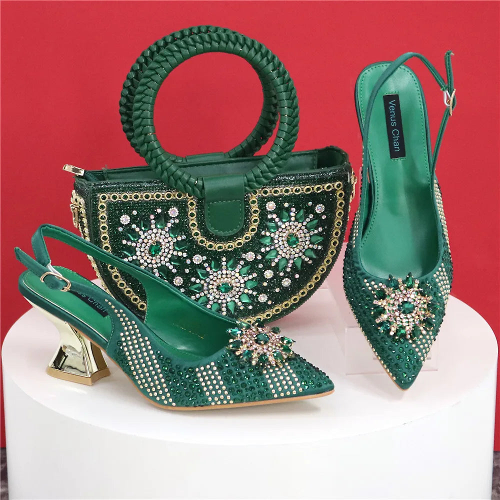 Nigeria Fashion Rhinestone-encrusted Ladies Party Shoes And Special bags High Heels And Dual Purpose Bag Women's Shoes