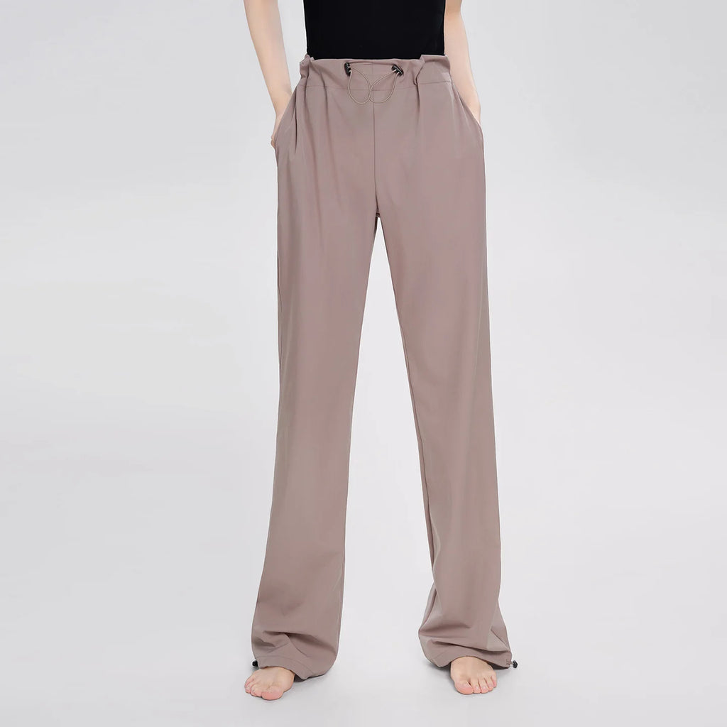 Women Adjustable High Waist Nylon Perspiration Casual Trousers with Pockets Female Athletic Dance Straight-leg Tracksuit Pants