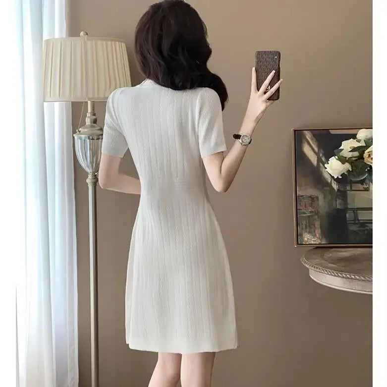 Summer V Neck Single Breasted Knitting Mini Dresses for Women 2024 Fashion Short Sleeve Mini Party Dress Vestidos Female