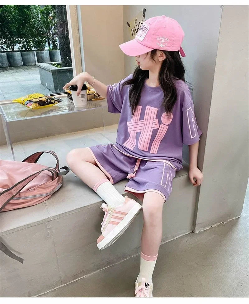Girls T-Shirts Sets Clothes Kids Short Sleeve Tops+Shorts 2Pcs Children Clothes Suits Teen Loose Casual 2025 Outfits 5-14 Years