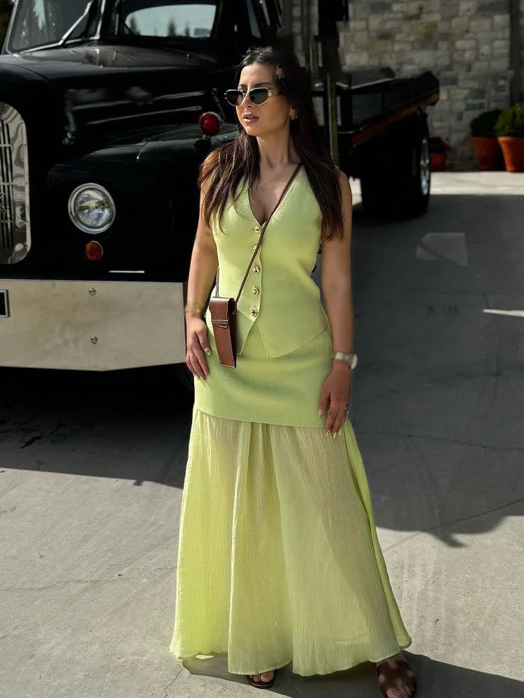 HH Women 2 Piece Set Fashion Button Sleeveless V-Neck Knitted Vest Top+Chic Splicing High Waist Zipper Ankle-Length Skirt