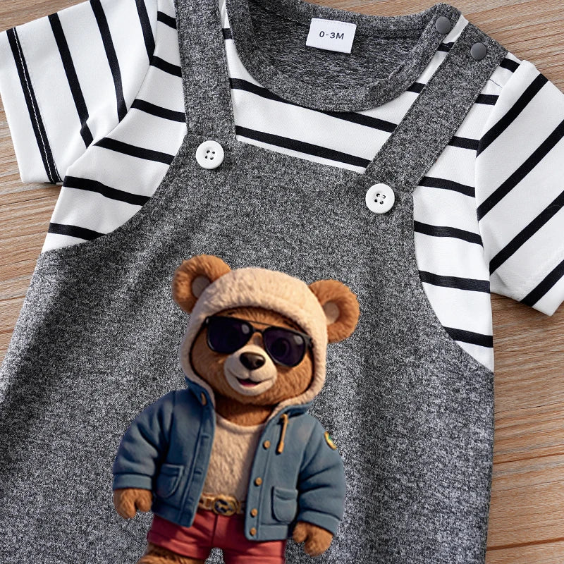 Summer short-sleeved 2-piece bear patterned striped round-neck romper for baby boys and girls in deep grey.