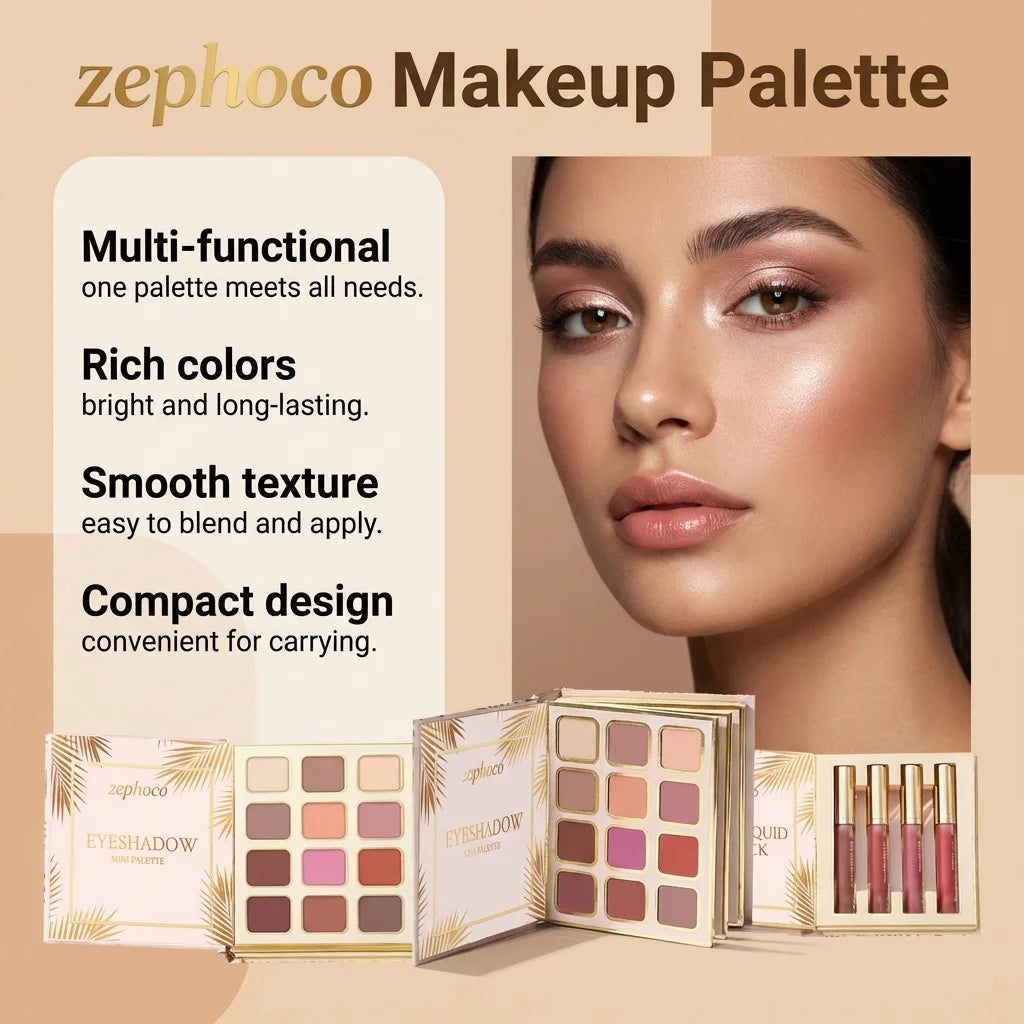 Professional Makeup Palette in Book Style 24-Hour Waterproof Lipstick Powder Blush Bright Colorful Eyeshadow Palette for Travel
