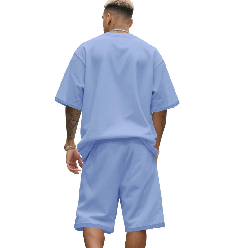 Men's two-piece clothing set, loose round-neck T-shirt and shorts set, casual sportswear, perfect for summer