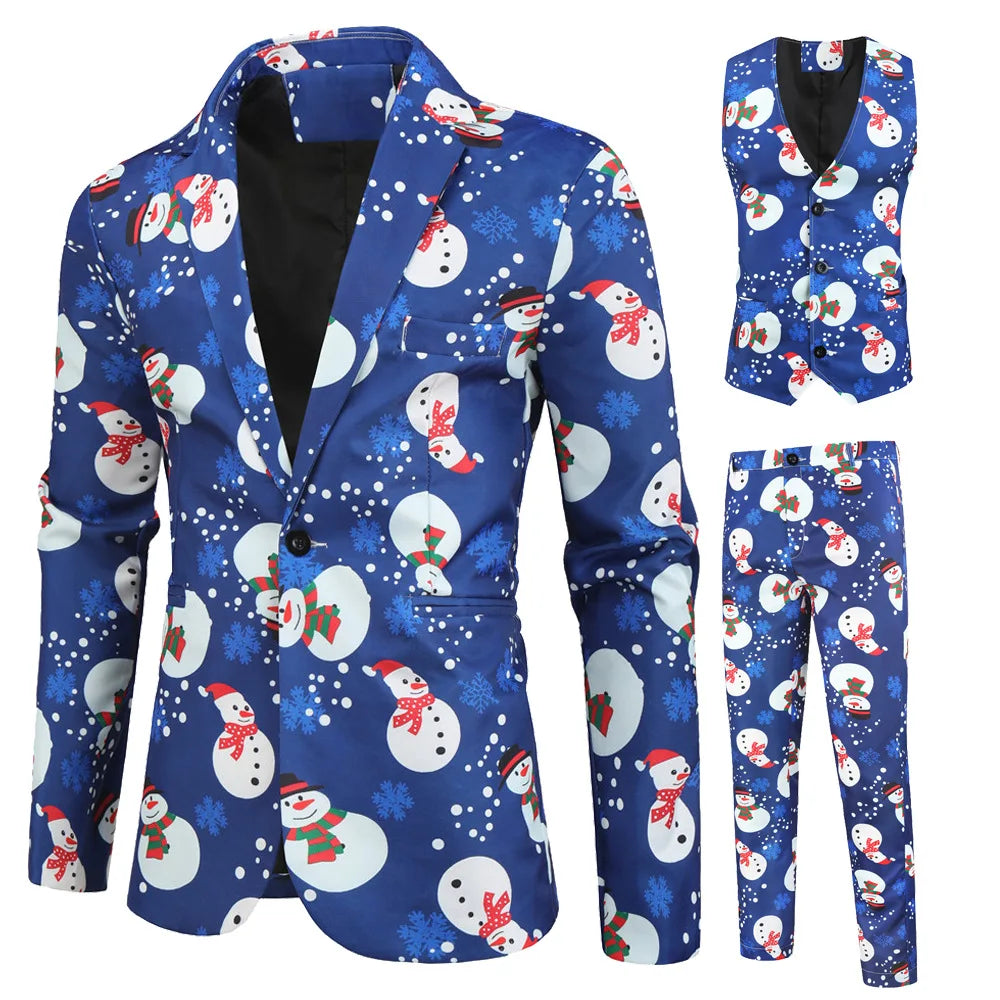 New Men's 3 Piece Christmas Sets Blazers+Vest+Pants 2026 Xmas Printed Men Suit Set Party Stage Dress Up Style Costume Streetwear