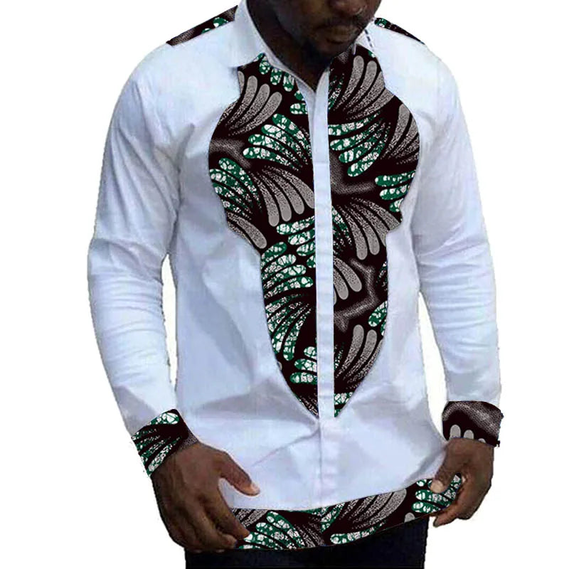 Nigerian Fashion White Men's Shirts Modern Design Casual Shirt Patchwork Long Sleeved Lapel Top African Couture Party Wear