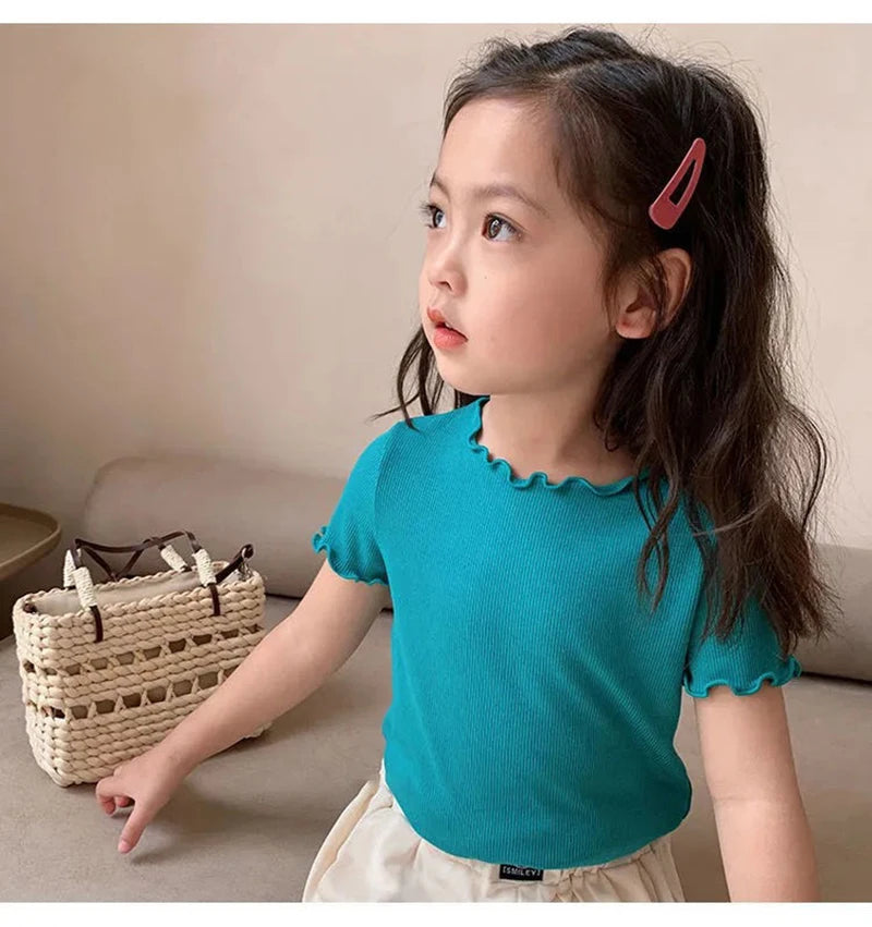 Baby Girls T-Shirt Summer Kids Short Sleeve Tops Tees Soft Ice Silk Fabric Toddler Solid Color Shirts Children's Clothing 1-10Y