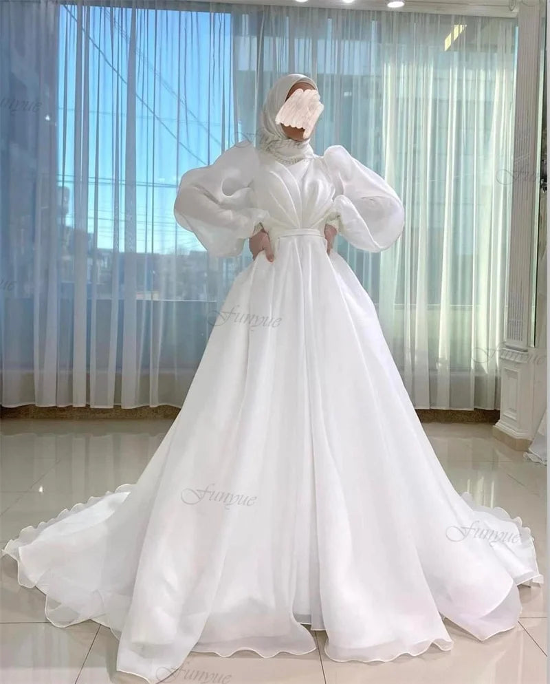 Customized Vestidos De Novia Muslim Wedding Dress for Women 2026 Bride White Organza High Neck Islamic Hijab Bridal Gown