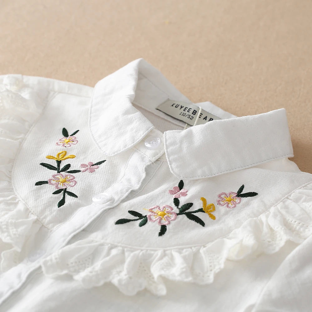 Girls Blouses 100% Cotton White Long Sleeve Autumn Kids Clothes for 8 10 12 Years Embroidery Tops Girls School Shirts