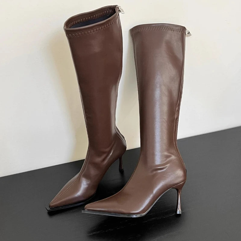 2025 New Women's High Heels Pointed Knee-length Female Boots Comfortable Stiletto Heel Soft Leather Women Shoes Zapatos De Mujer