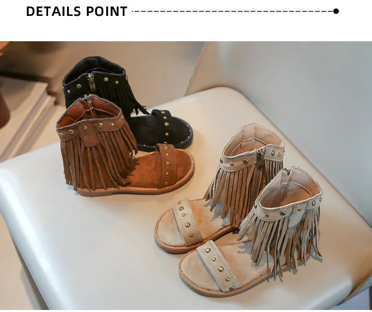 Sandals for Girl Summer New Fashion Strap Roman Sandals with Tassel Rivet Girl Shoes Personalized Kid Cool Boot Sandalias Mujer