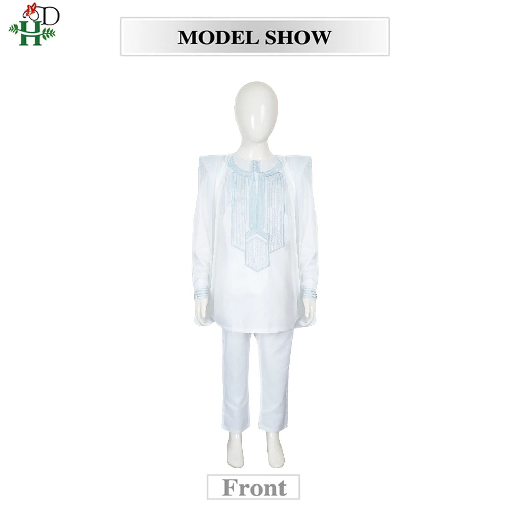 2025 New African Traditional Clothes For Kids Boy White Blue 3 PCS Set Long Sleeve Tops Embroidery Dashiki Robe Shirt Pant Child